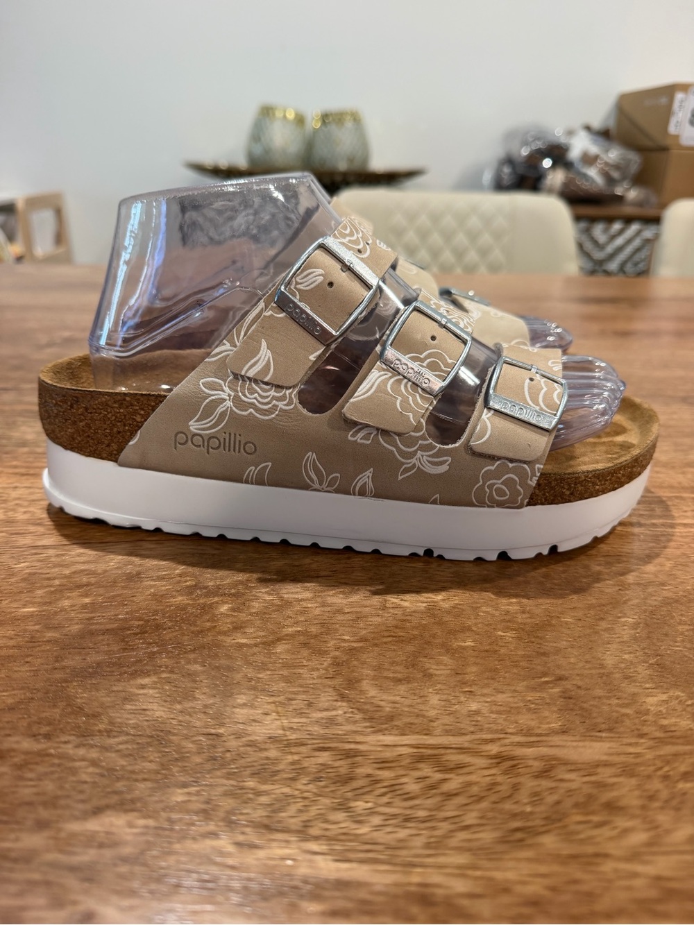 Birkenstock Papillio Beige Floral Cork Sandal with White Platform Size 7W/5 BNIB